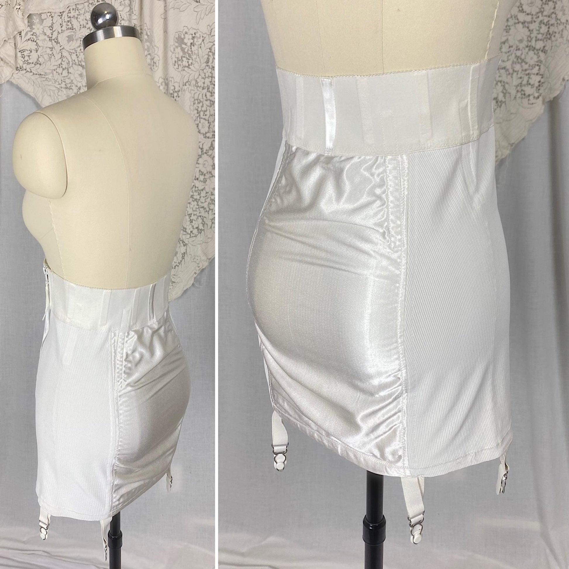 Vintage 1950's - 1960's Girdle | White Rayon Satin with Floral Embroidery & Garter Straps | Size M | Warners Le Gant