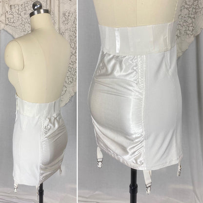 Vintage 1950's - 1960's Girdle | White Rayon Satin with Floral Embroidery & Garter Straps | Size M | Warners Le Gant