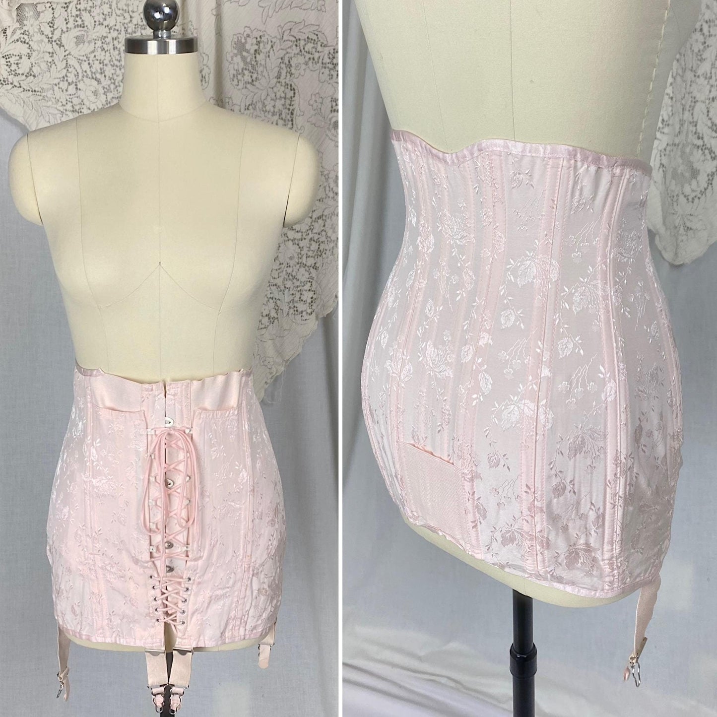 Vintage 1940's - 1950's Girdle | Bubblegum Pink Rayon Satin Damask with Corset Lacing & Garters | Size M, LG | P.N. Practical by Sarong