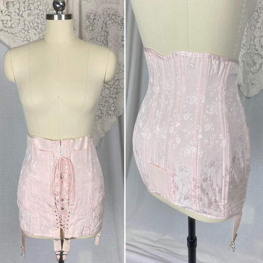 Vintage 1940's - 1950's Girdle | Bubblegum Pink Rayon Satin Damask with Corset Lacing & Garters | Size M, LG | P.N. Practical by Sarong