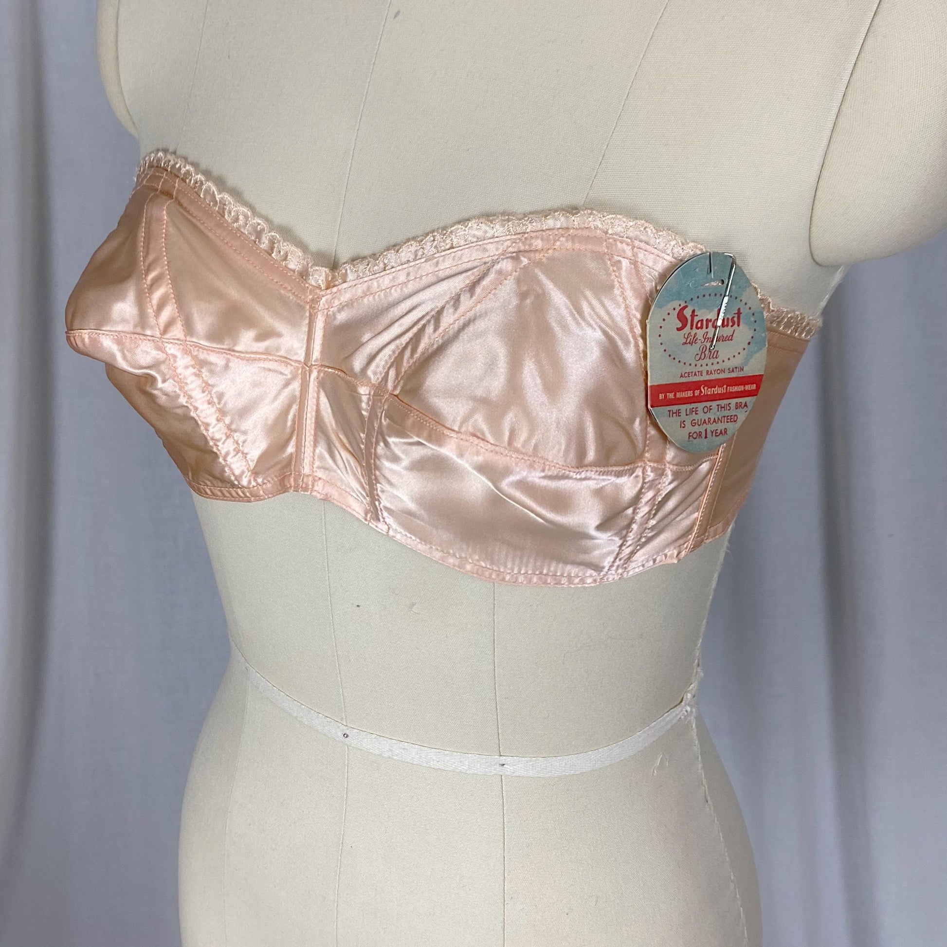 Vintage 1940's - 1950's Cathedral Bra | Peachy Pink Rayon Acetate Satin with Embroidered Scalloped Trim | Size XS | Stardust New with Tags