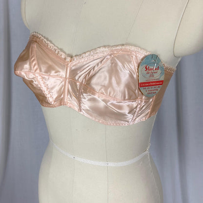 Vintage 1940's - 1950's Cathedral Bra | Peachy Pink Rayon Acetate Satin with Embroidered Scalloped Trim | Size XS | Stardust New with Tags