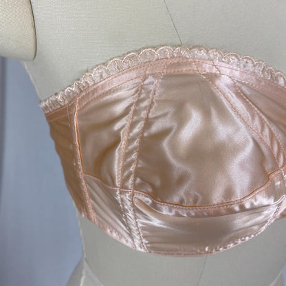 Vintage 1940's - 1950's Cathedral Bra | Peachy Pink Rayon Acetate Satin with Embroidered Scalloped Trim | Size XS | Stardust New with Tags