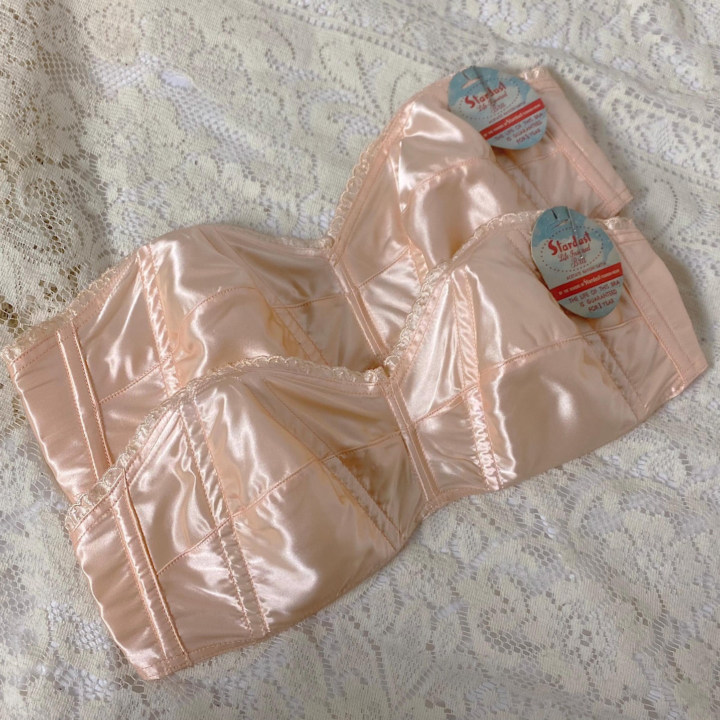 Vintage 1940's - 1950's Cathedral Bra | Peachy Pink Rayon Acetate Satin with Embroidered Scalloped Trim | Size XS | Stardust New with Tags