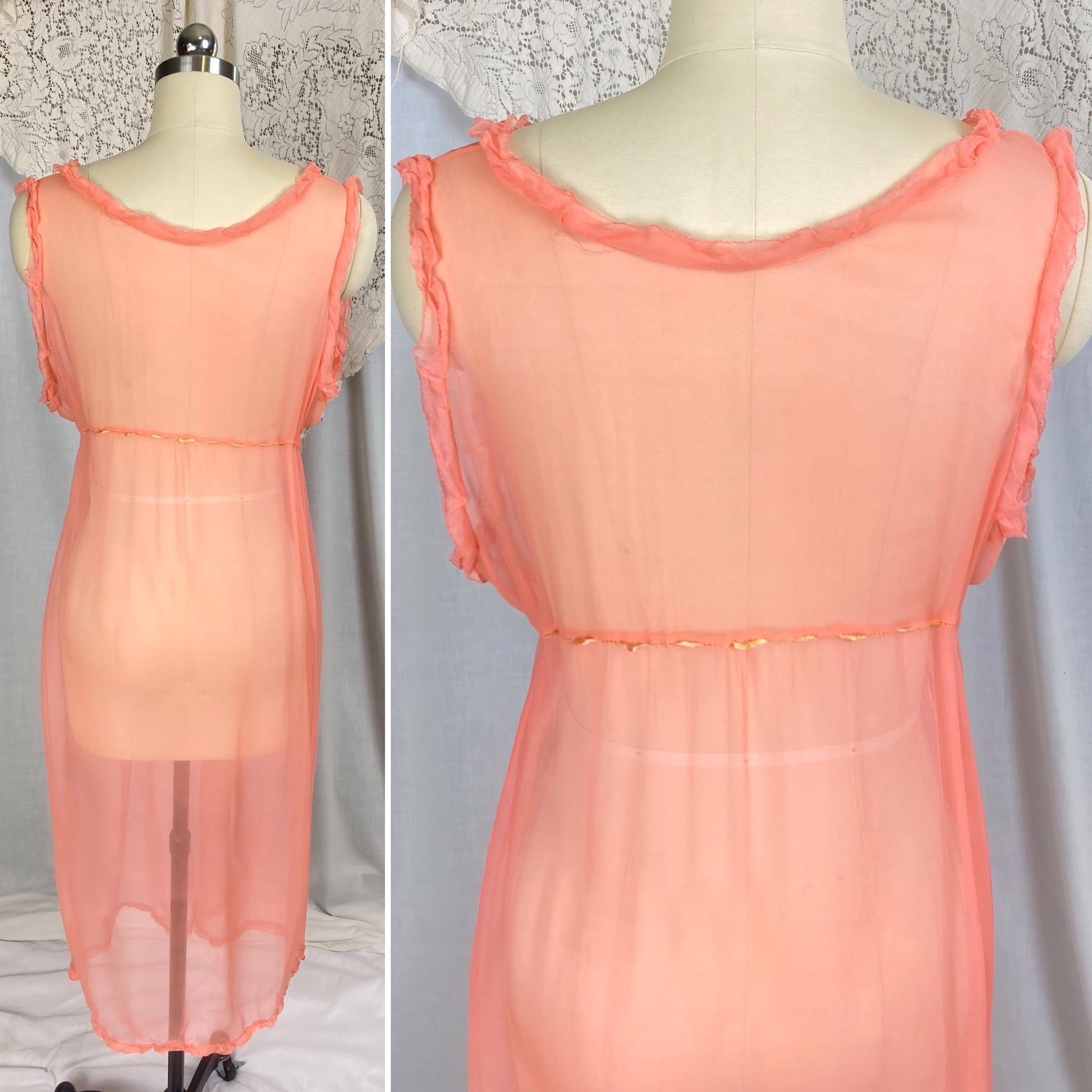 Vintage 1920's Nightgown | Sheer Coral Pink Silk with Ruffled Detail & Drawstring Waist | Size S, M. LG