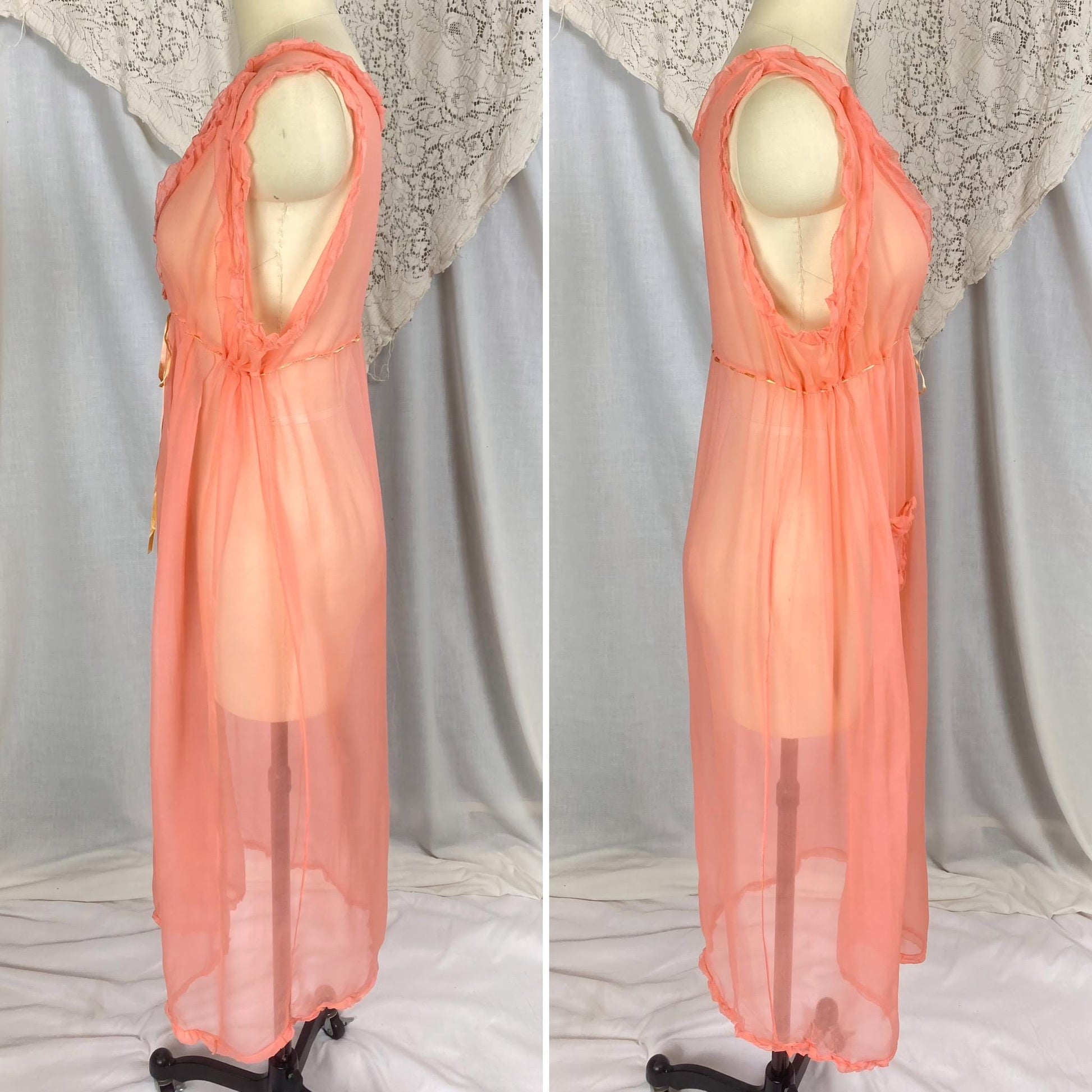 Vintage 1920's Nightgown | Sheer Coral Pink Silk with Ruffled Detail & Drawstring Waist | Size S, M. LG