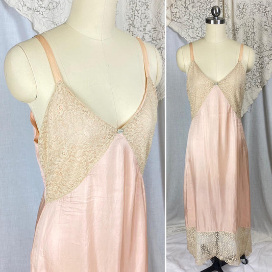 Vintage 1920's - 1930's Slip | Dusty Rose Pink Rayon Blend with Pale Nude Cotton Lace | Size S