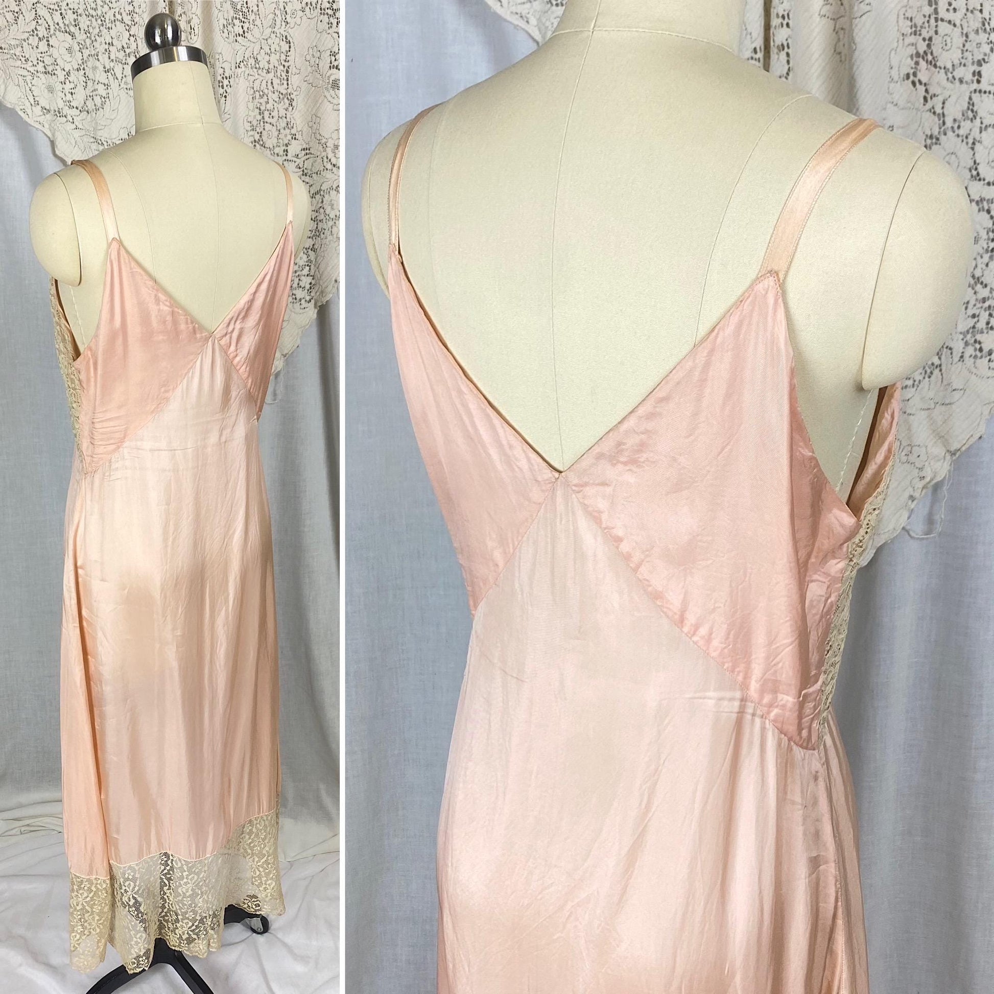Vintage 1920's - 1930's Slip | Dusty Rose Pink Rayon Blend with Pale Nude Cotton Lace | Size S