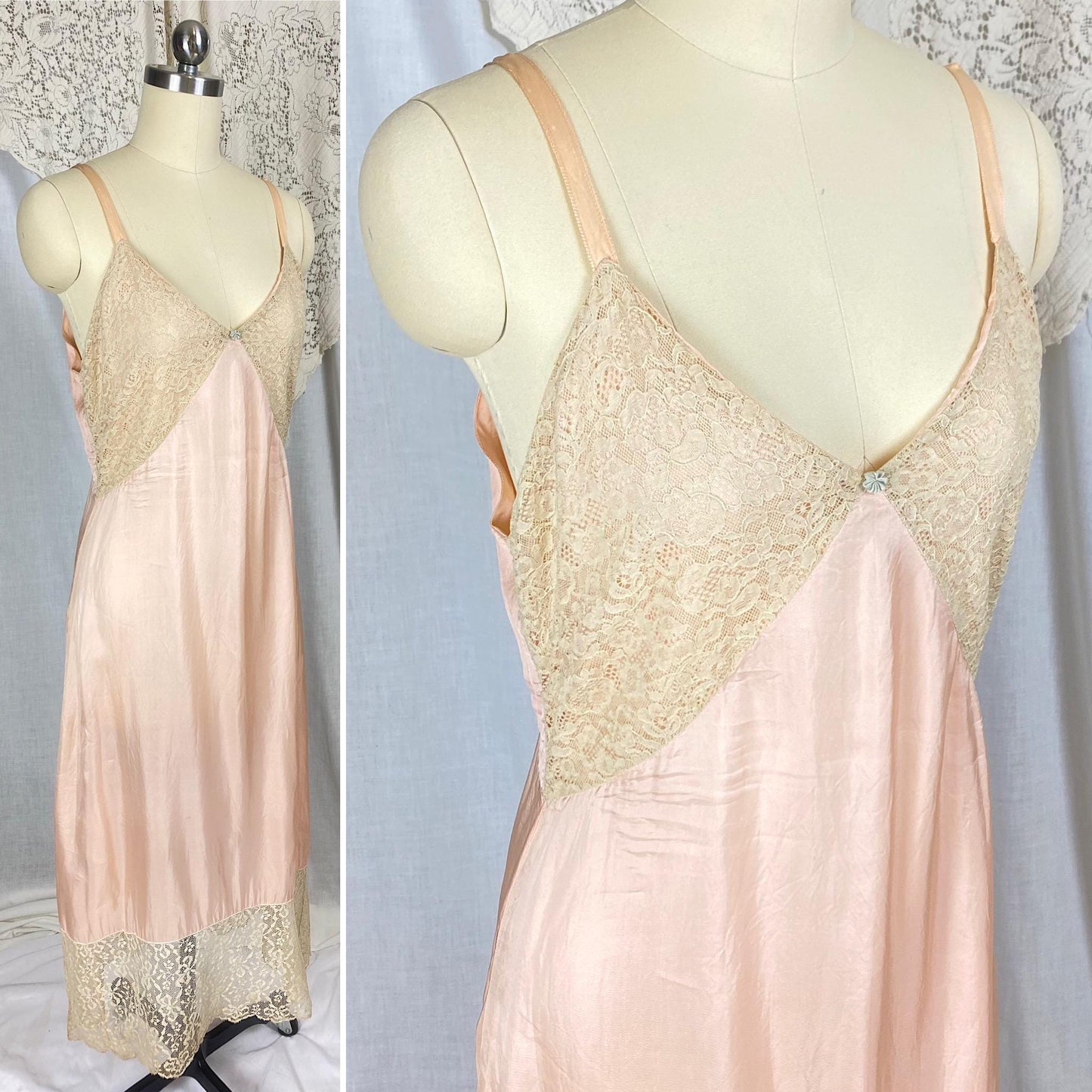 Vintage 1920's - 1930's Slip | Dusty Rose Pink Rayon Blend with Pale Nude Cotton Lace | Size S