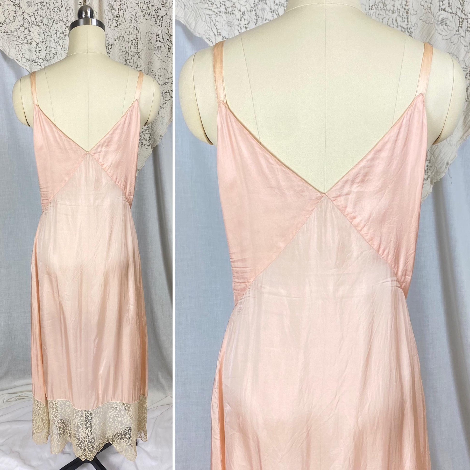 Vintage 1920's - 1930's Slip | Dusty Rose Pink Rayon Blend with Pale Nude Cotton Lace | Size S