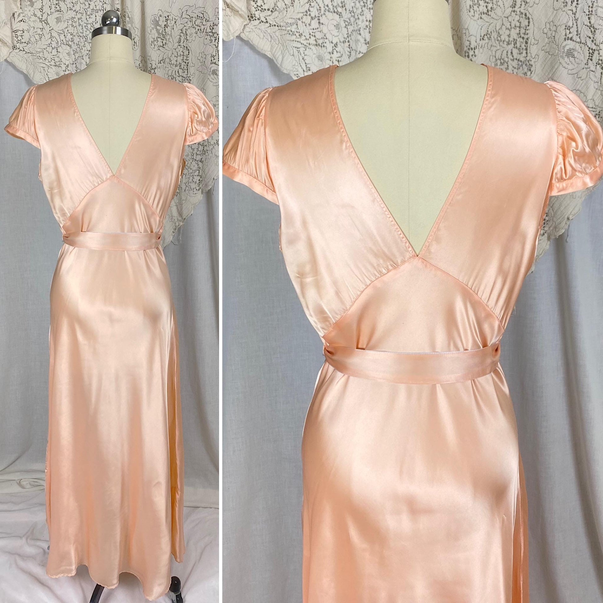 Vintage 1940's Nightgown | Rich Peach Rayon Satin with Blue Contrast Sash | Size M | Never Worn