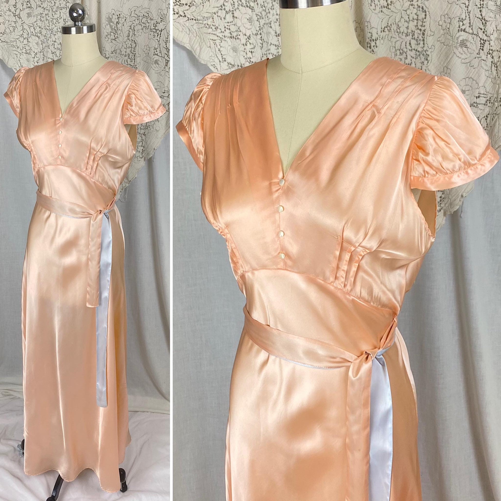 Vintage 1940's Nightgown | Rich Peach Rayon Satin with Blue Contrast Sash | Size M | Never Worn