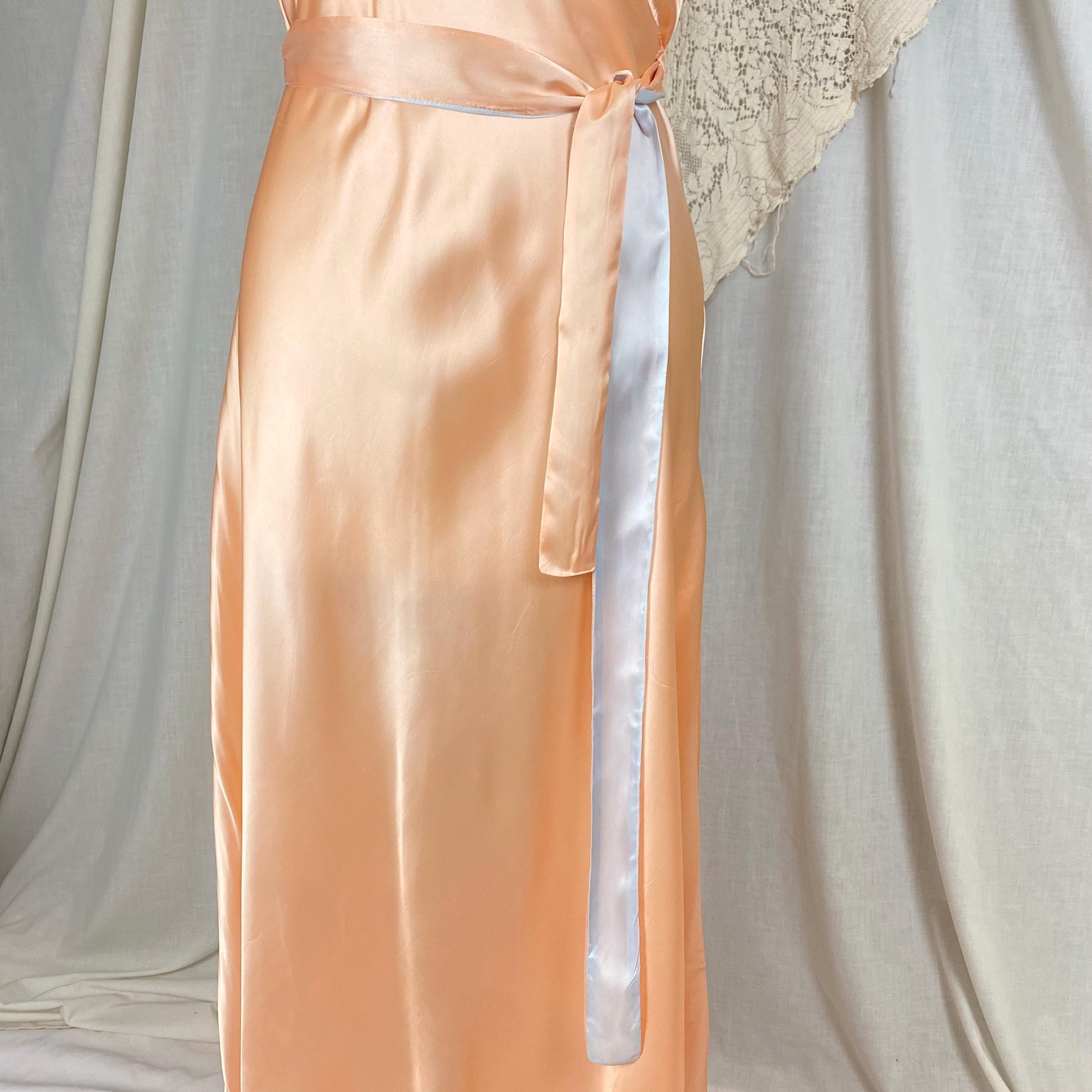 Vintage 1940's Nightgown | Rich Peach Rayon Satin with Blue Contrast Sash | Size M | Never Worn