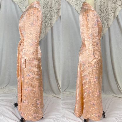 Vintage 1940's Robe | Quilted Floral Print Peachy Pink Rayon Satin with Darted Shoulders & Bell Sleeves | Size XS, S