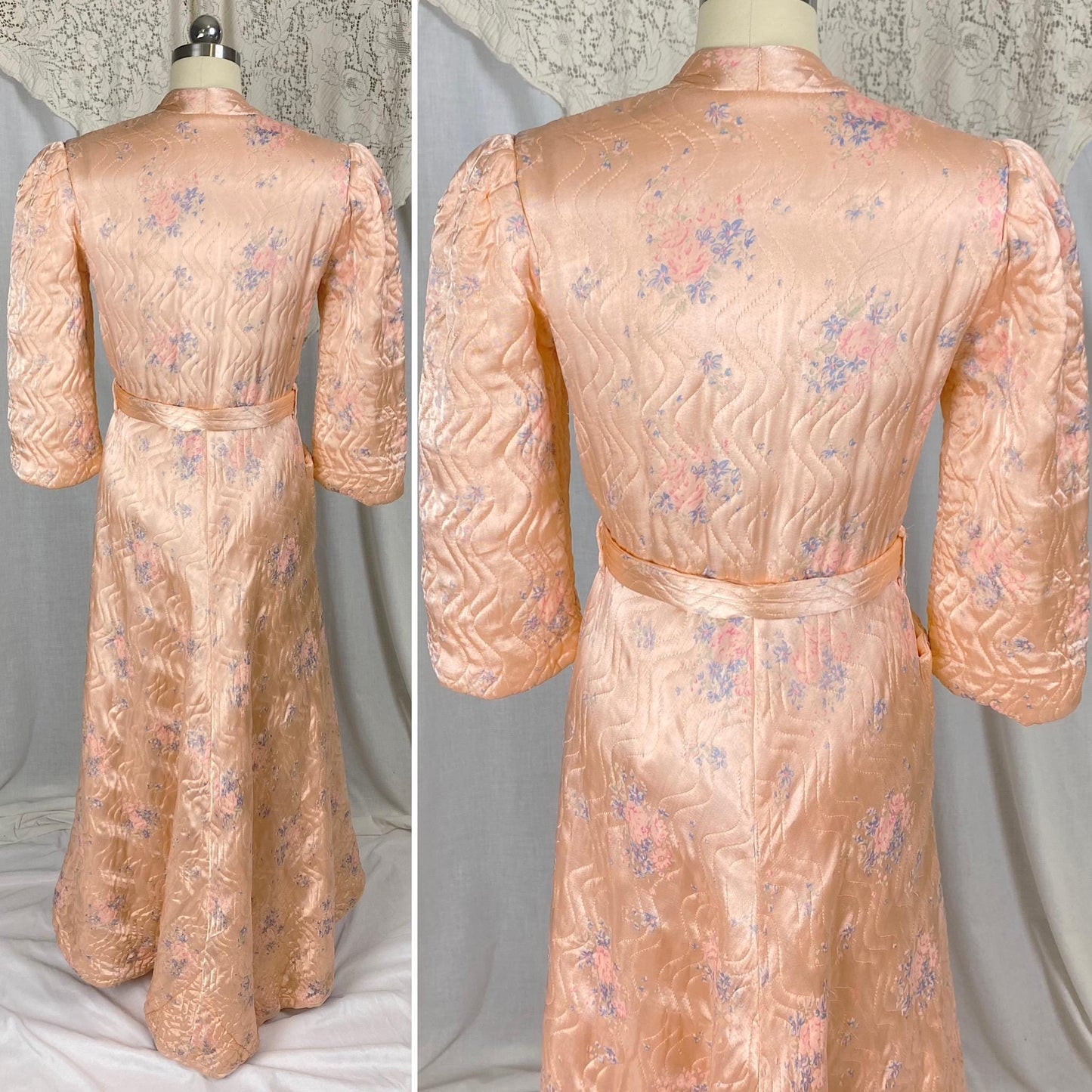 Vintage 1940's Robe | Quilted Floral Print Peachy Pink Rayon Satin with Darted Shoulders & Bell Sleeves | Size XS, S