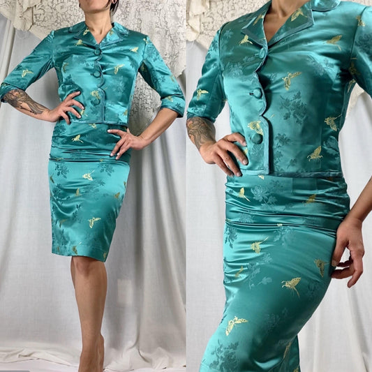 Vintage 1960's Skirt Suit | Teal Silk with Gold Butterfly Damask Pattern | Size XS, S | Mohan's Hong Kong