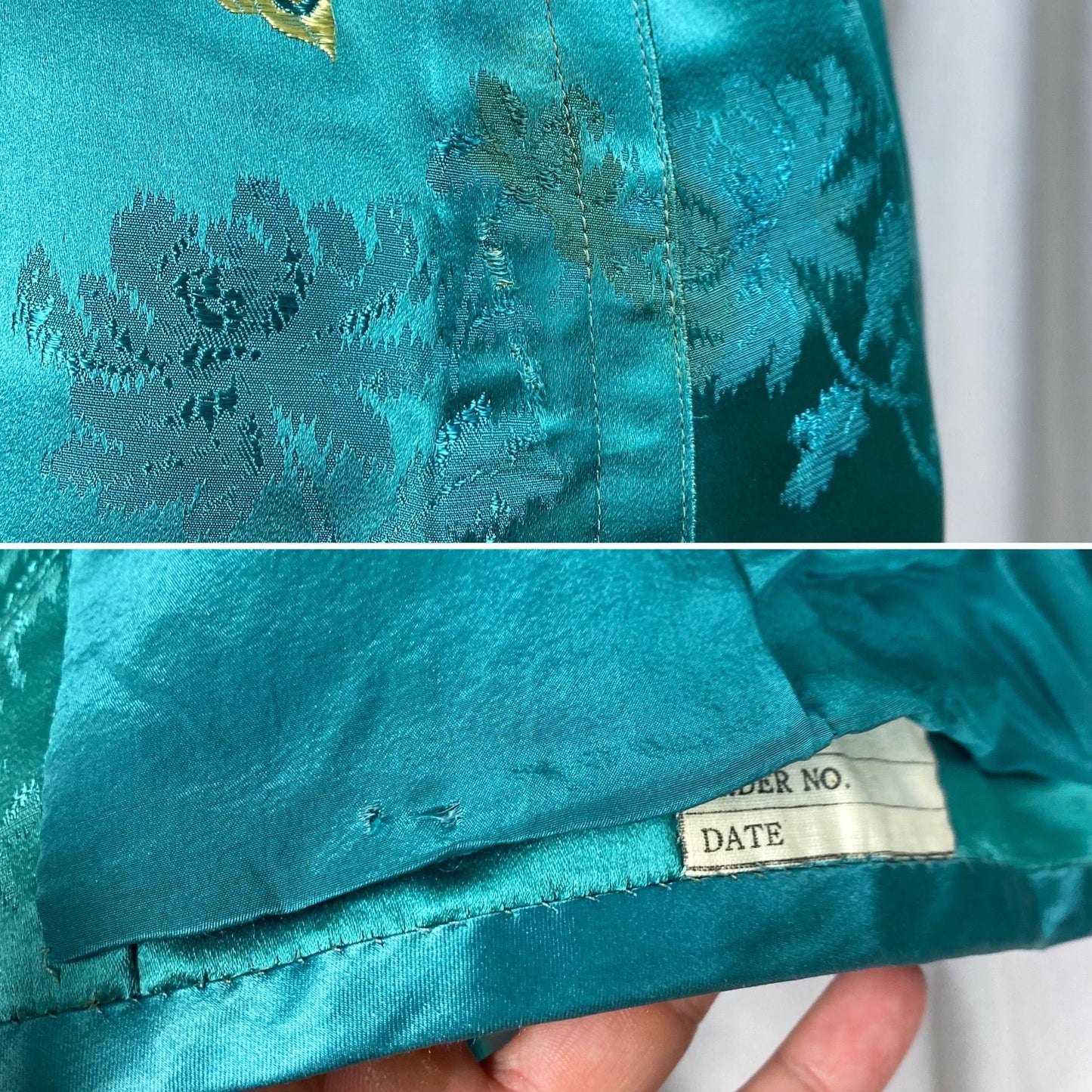 Vintage 1960's Skirt Suit | Teal Silk with Gold Butterfly Damask Pattern | Size XS, S | Mohan's Hong Kong