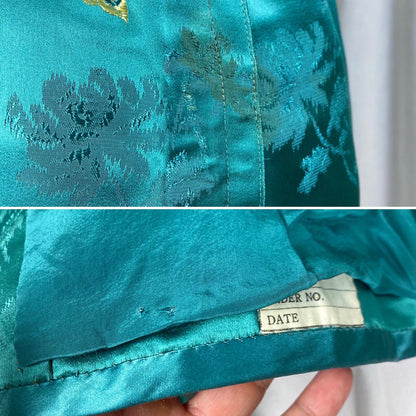 Vintage 1960's Skirt Suit | Teal Silk with Gold Butterfly Damask Pattern | Size XS, S | Mohan's Hong Kong