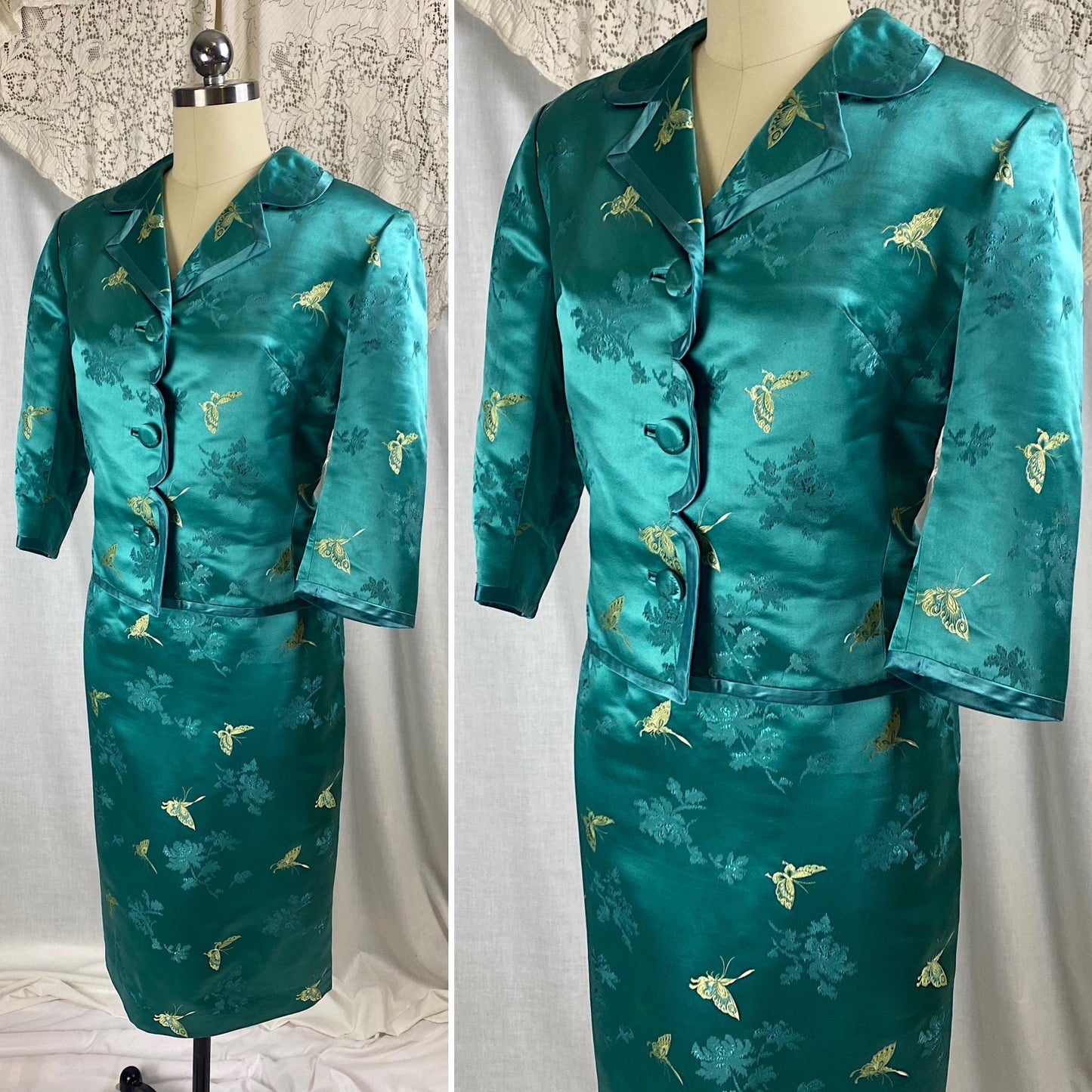 Vintage 1960's Skirt Suit | Teal Silk with Gold Butterfly Damask Pattern | Size XS, S | Mohan's Hong Kong