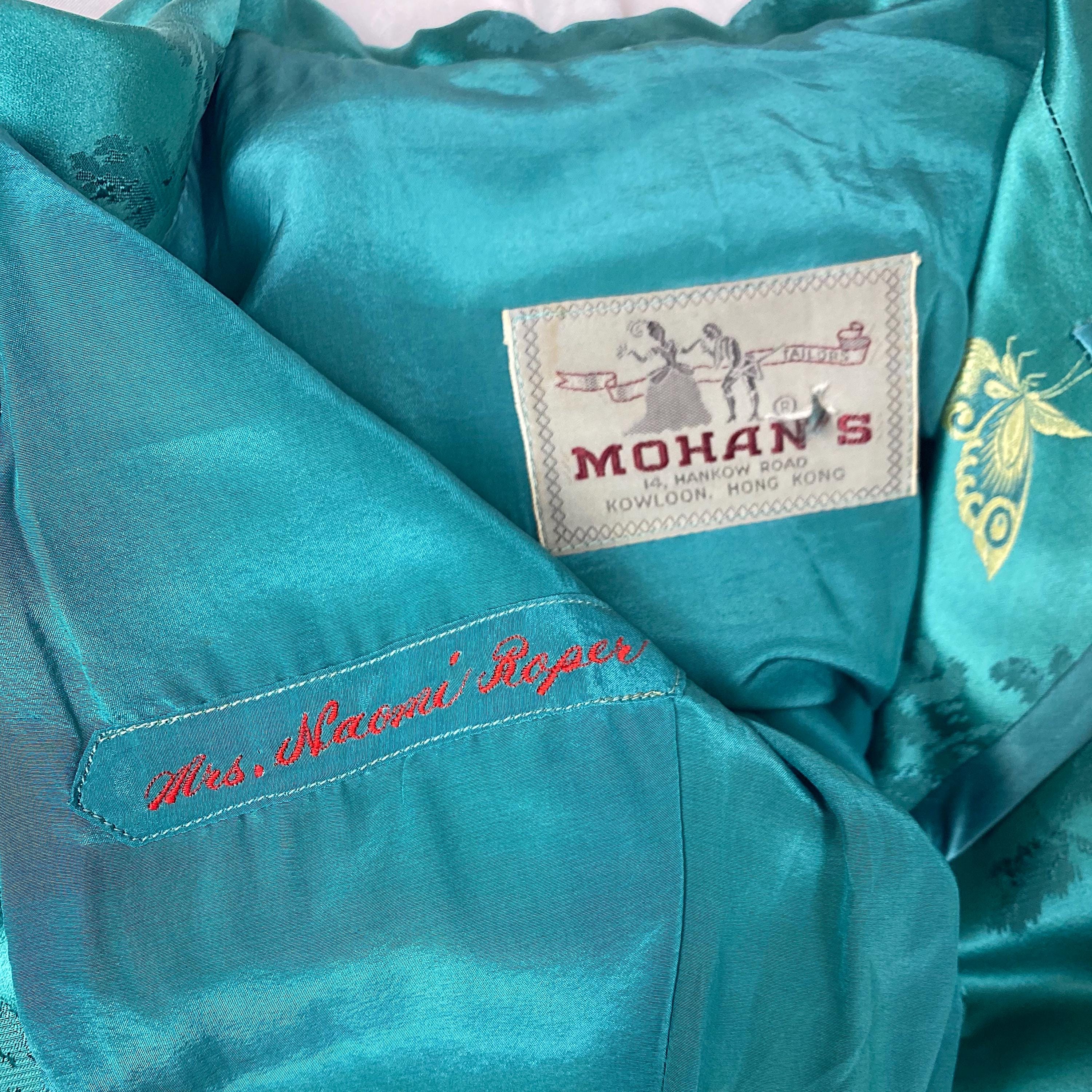 Vintage 1960's Skirt Suit | Teal Silk with Gold Butterfly Damask Pattern | Size XS, S | Mohan's Hong Kong