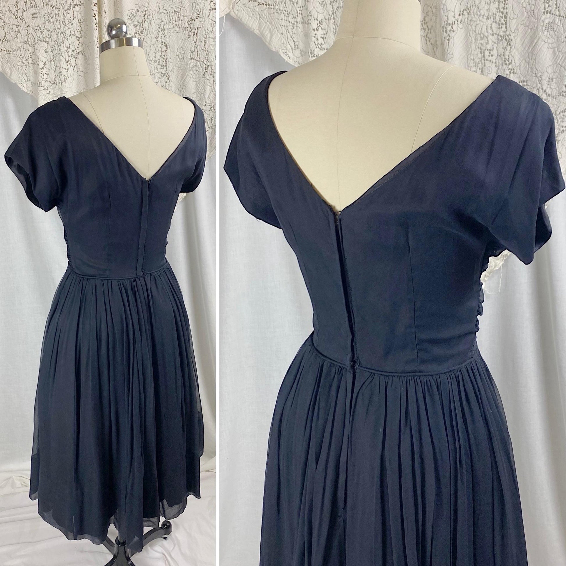 Vintage 1950's Dress | Black Silk Chiffon with Ruched Waist & Wide Circle Skirt | Size M