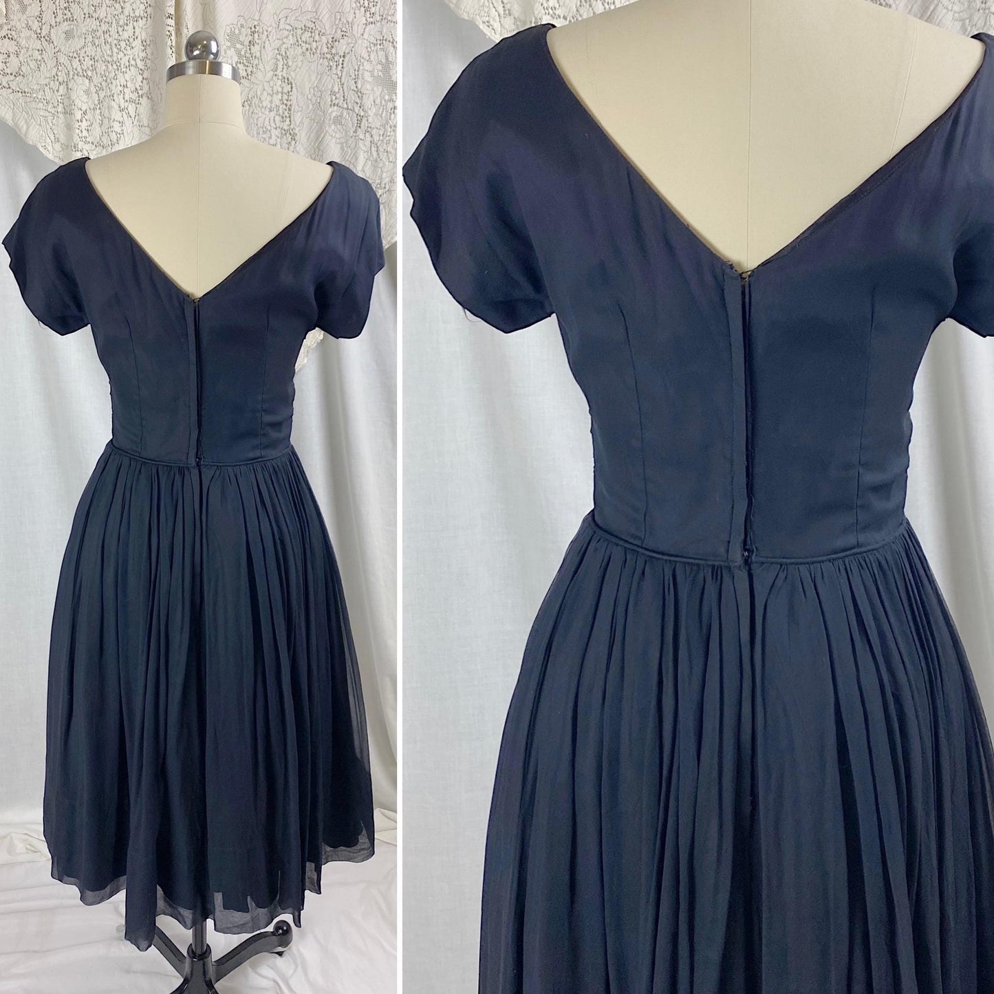 Vintage 1950's Dress | Black Silk Chiffon with Ruched Waist & Wide Circle Skirt | Size M