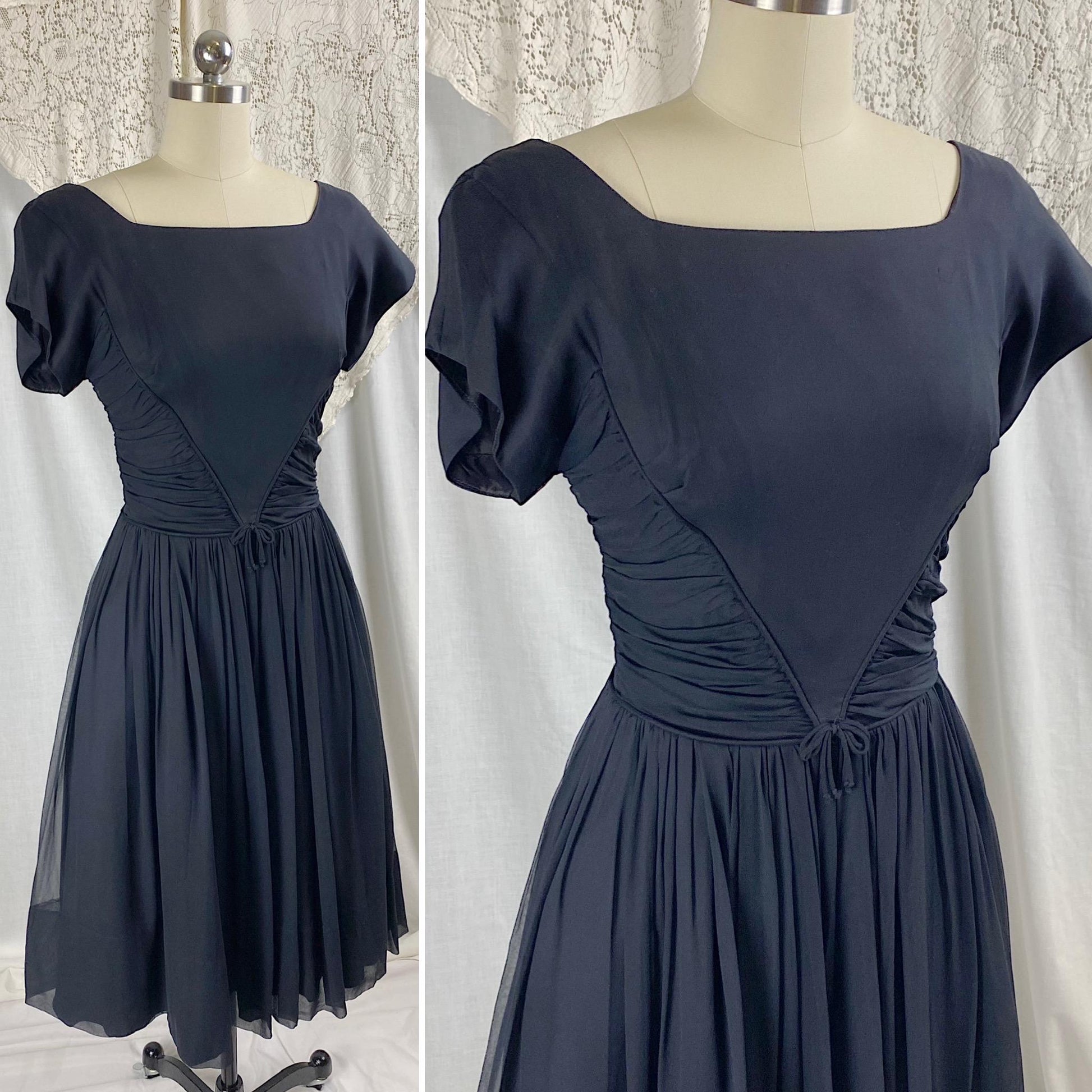 Vintage 1950's Dress | Black Silk Chiffon with Ruched Waist & Wide Circle Skirt | Size M
