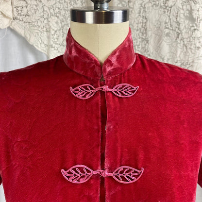 Vintage 1960's Wiggle Dress | Bold Magenta Floral Devore Velvet with Frog Buttons | Size XS