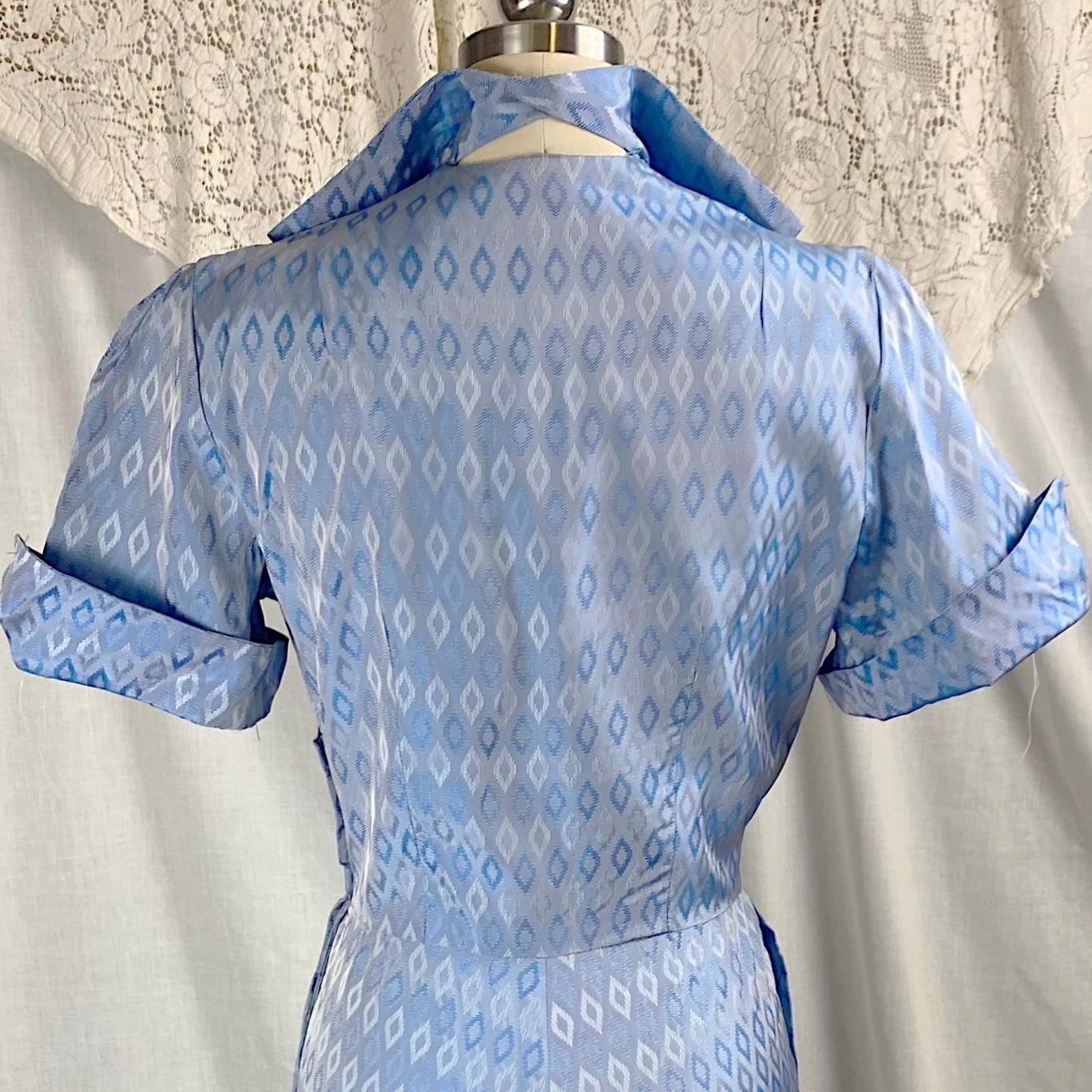 Vintage 1940's - 1950's Dress | Pale Blue Rayon Taffeta with Diamond Satin Damask Pattern & Glass Buttons | Size M, LG
