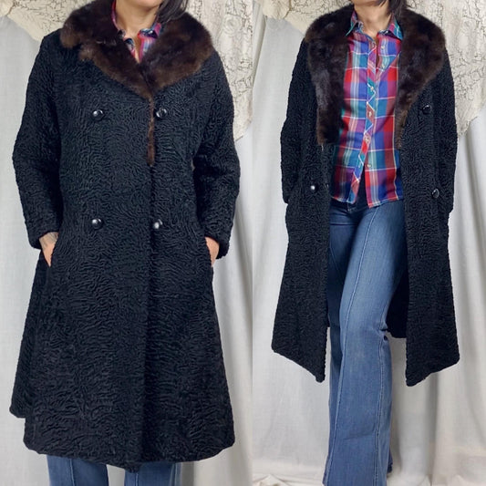 Vintage 1950's Coat | Black Persian Lamb & Brown Mink Fur with Rayon Satin Damask Lining | Size S, M