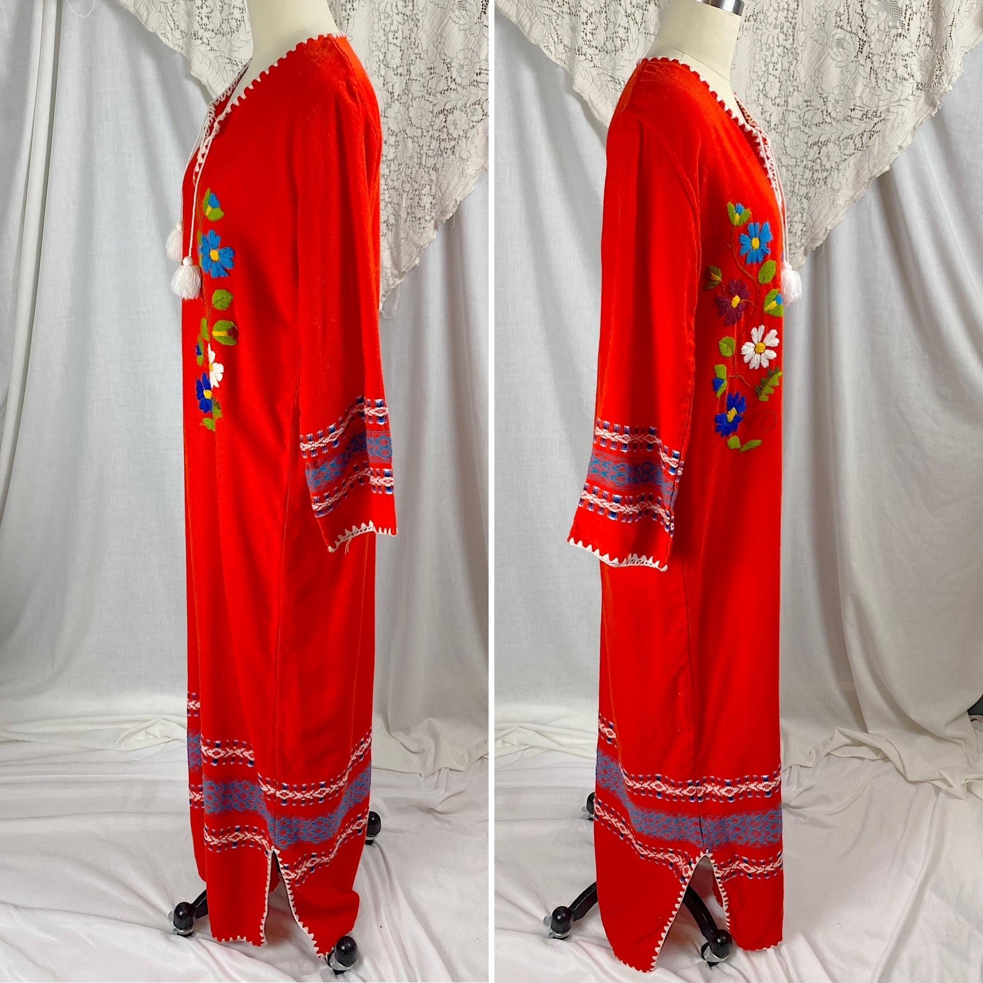 Vintage 1960's - 1970's Kaftan Maxi Dress | Bright Red Acrylic Wool with Floral Embroidery | Size S, M
