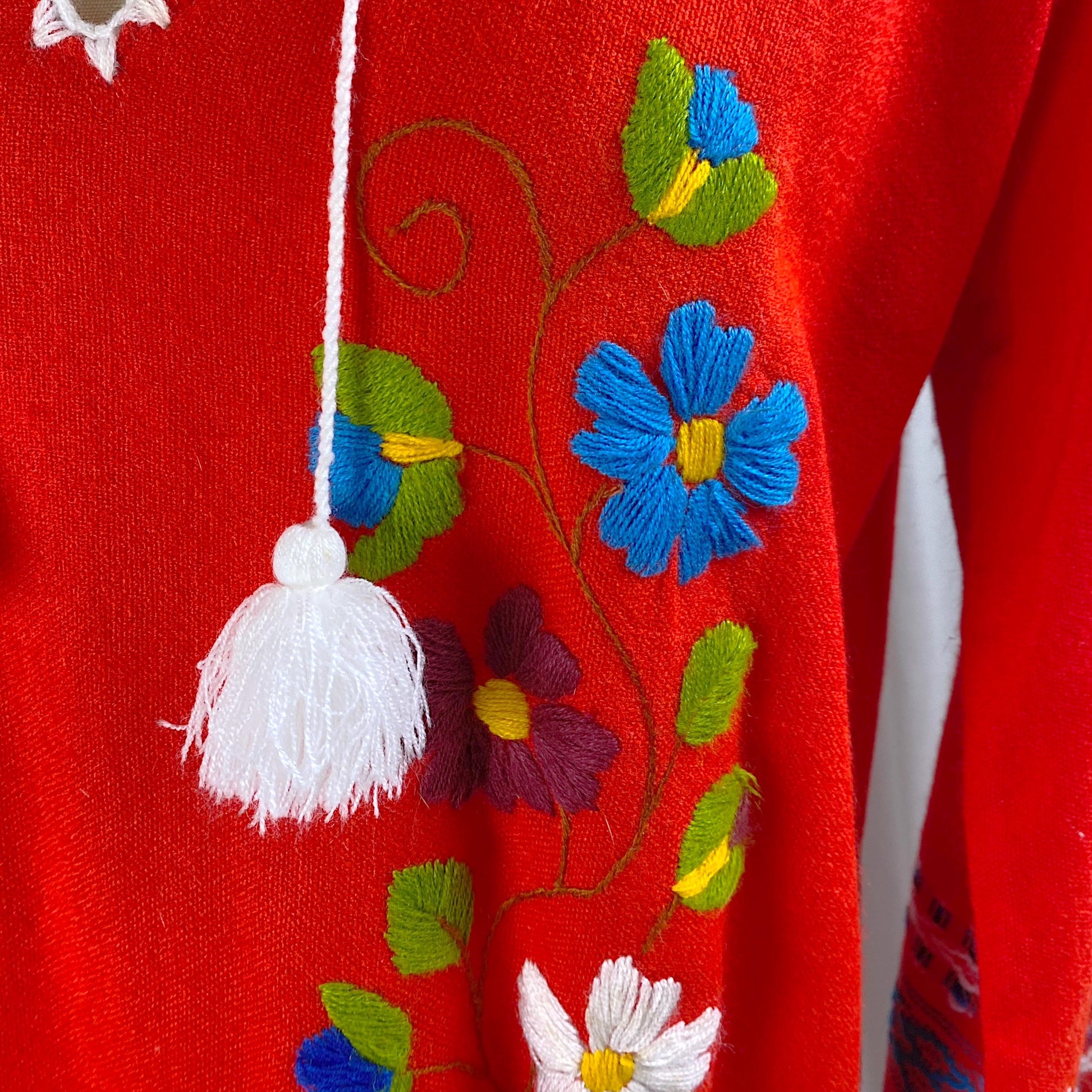 Vintage 1960's - 1970's Kaftan Maxi Dress | Bright Red Acrylic Wool with Floral Embroidery | Size S, M
