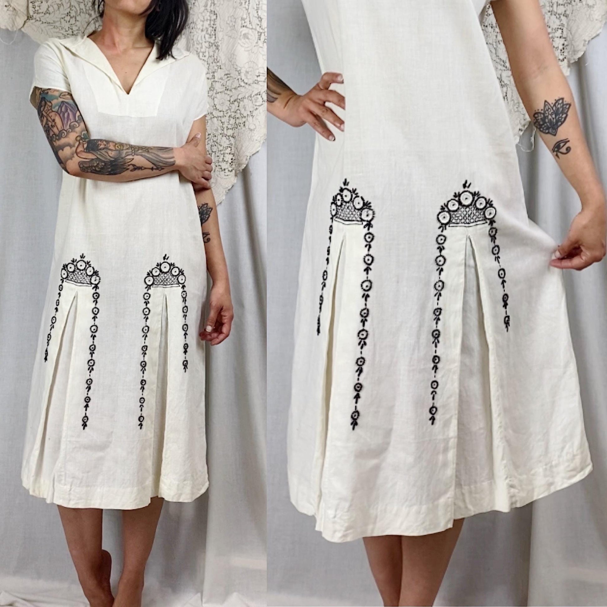 Vintage 1970's Kaftan Dress | Natural Cotton with Black & White Embroidery | Size S, M, LG