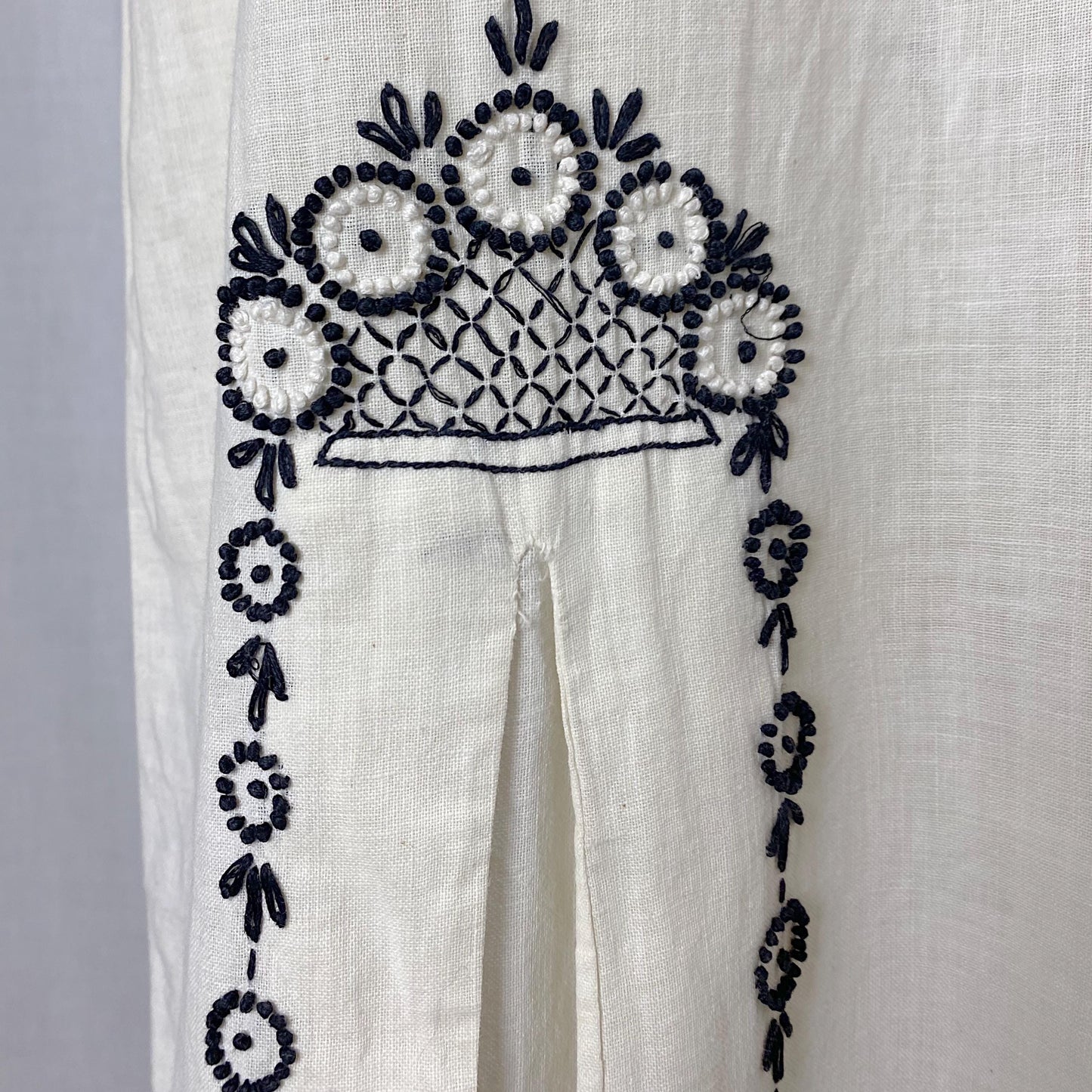 Vintage 1970's Kaftan Dress | Natural Cotton with Black & White Embroidery | Size S, M, LG
