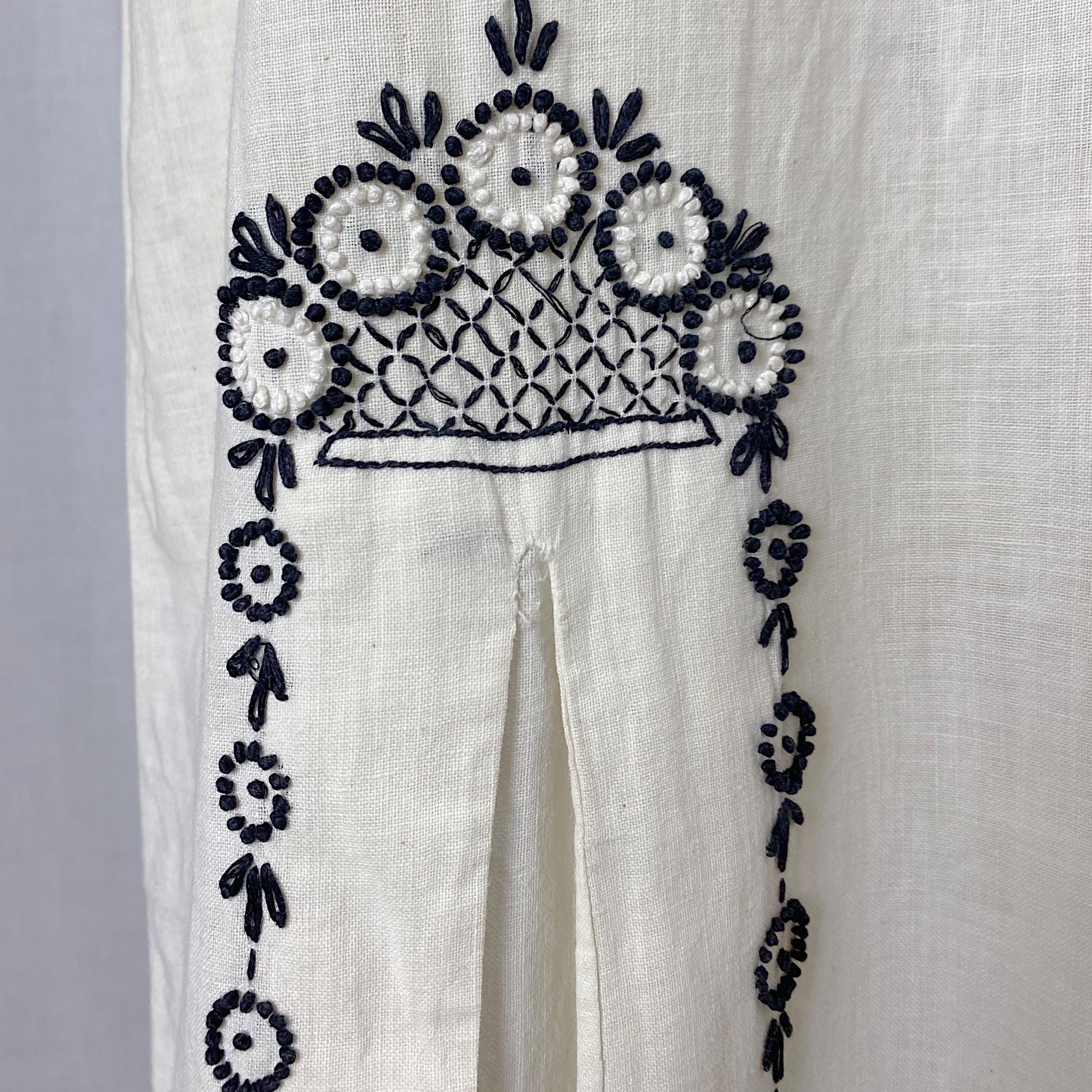 Vintage 1970's Kaftan Dress | Natural Cotton with Black & White Embroidery | Size S, M, LG