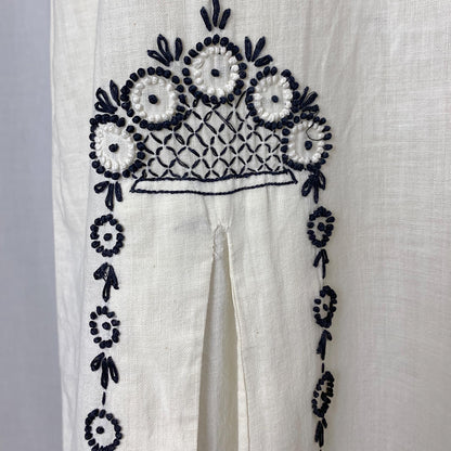 Vintage 1970's Kaftan Dress | Natural Cotton with Black & White Embroidery | Size S, M, LG