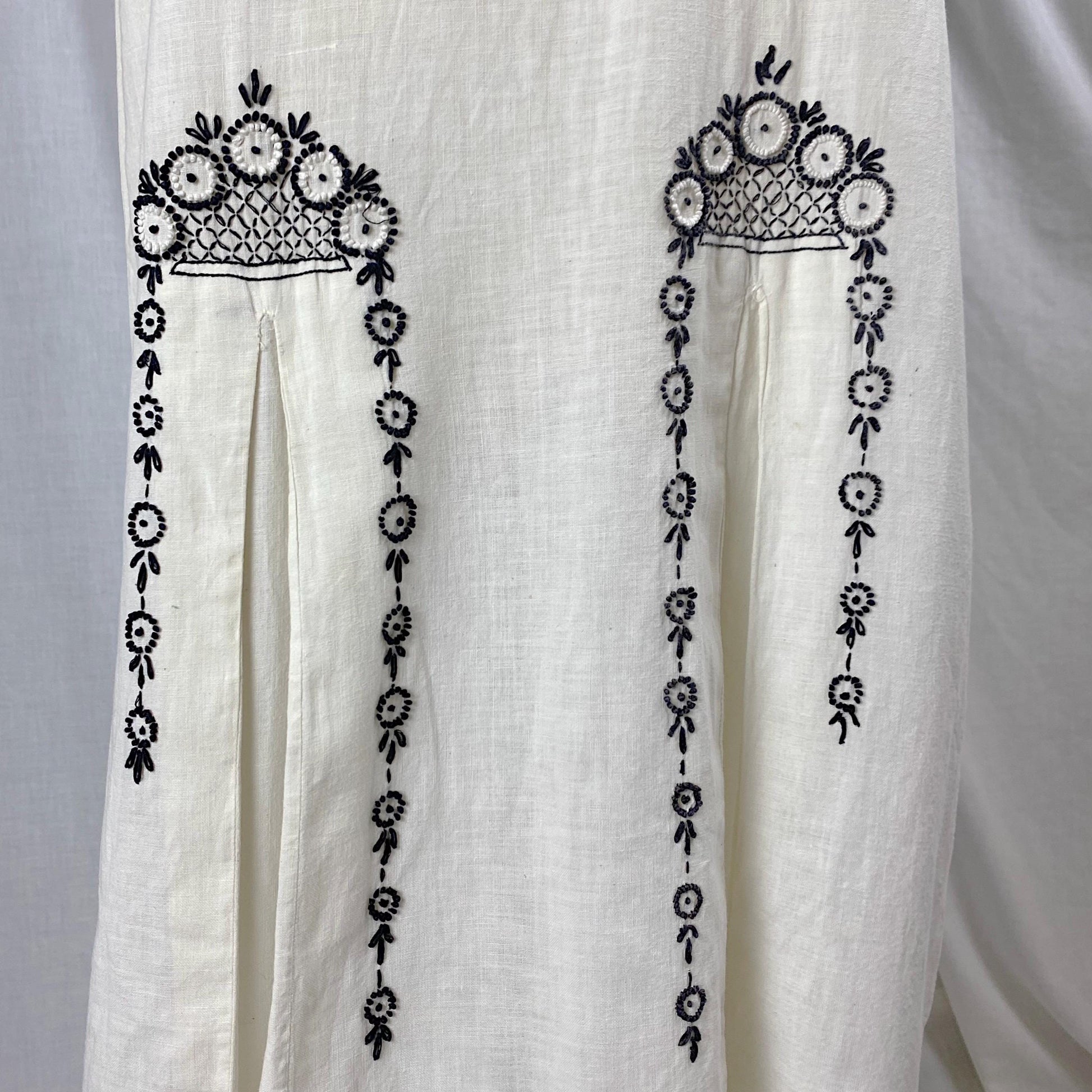 Vintage 1970's Kaftan Dress | Natural Cotton with Black & White Embroidery | Size S, M, LG