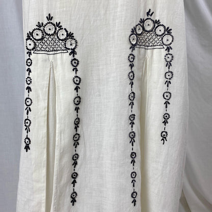 Vintage 1970's Kaftan Dress | Natural Cotton with Black & White Embroidery | Size S, M, LG