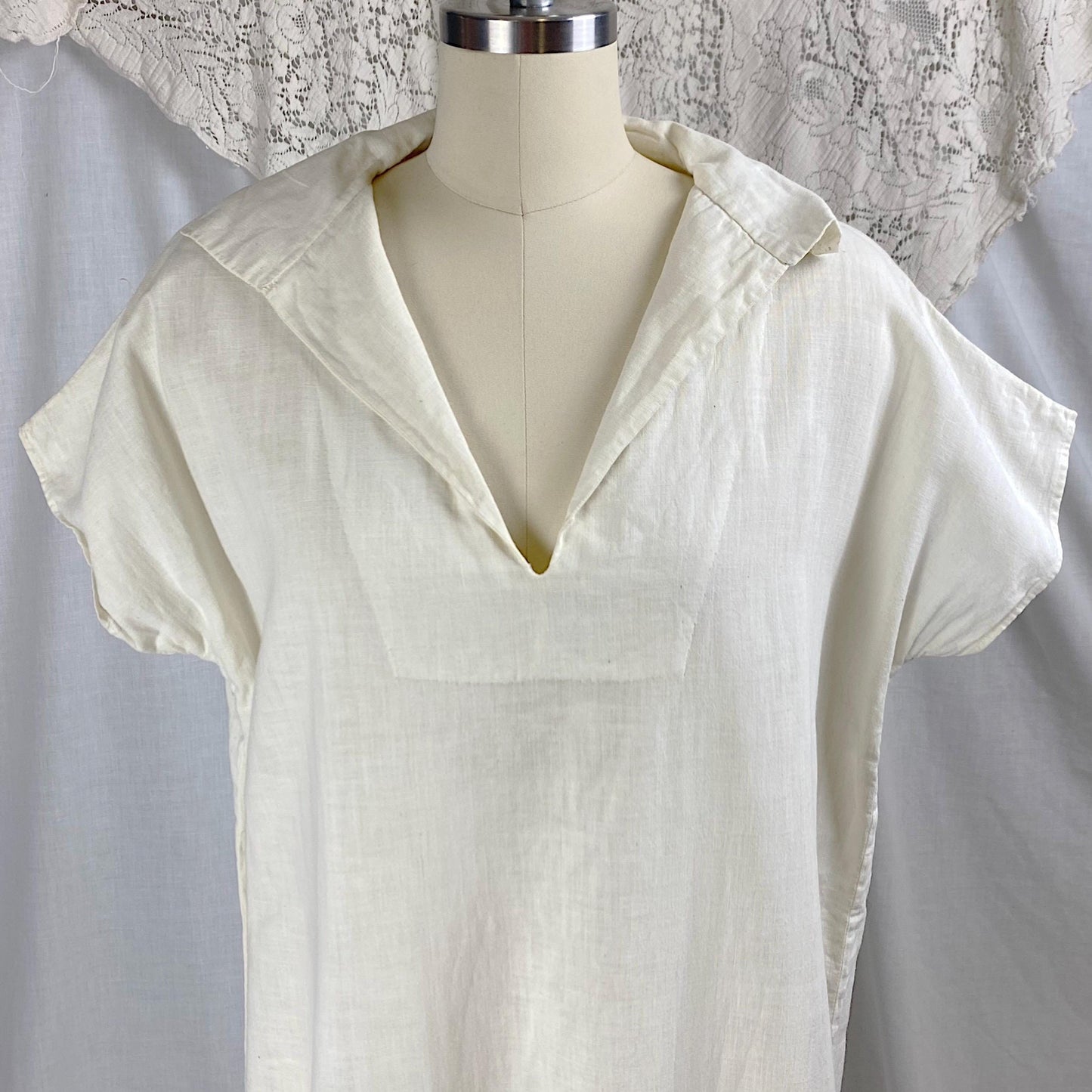 Vintage 1970's Kaftan Dress | Natural Cotton with Black & White Embroidery | Size S, M, LG