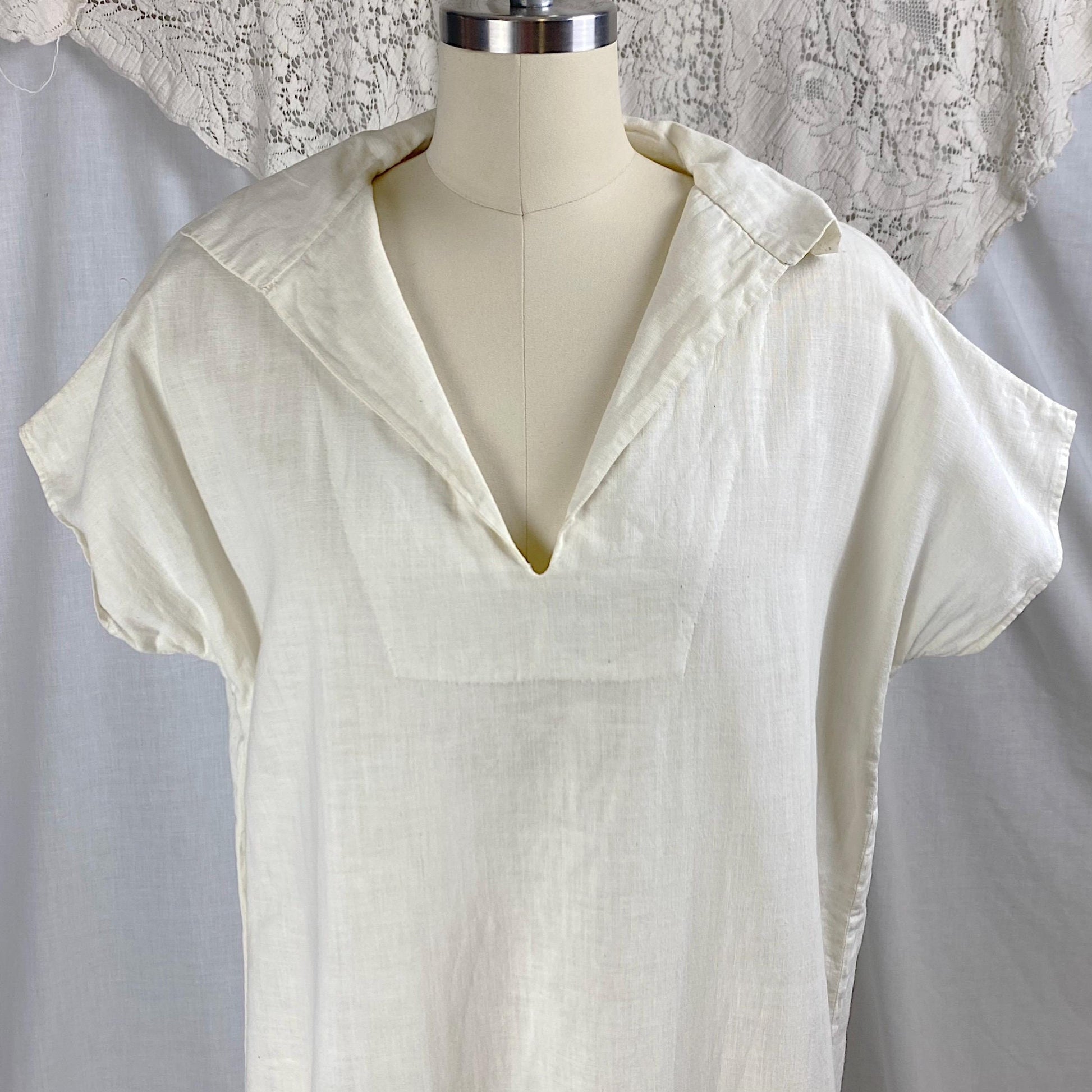 Vintage 1970's Kaftan Dress | Natural Cotton with Black & White Embroidery | Size S, M, LG