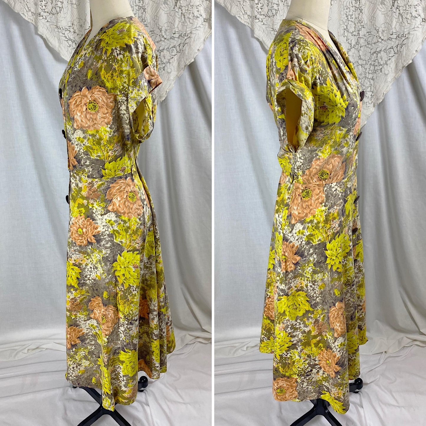 Vintage 1940's - 1950's Day Dress | Warm Yellow, Peach, & Taupe Floral Printed Cotton | Size LG, XLG | Brentwood Cottons