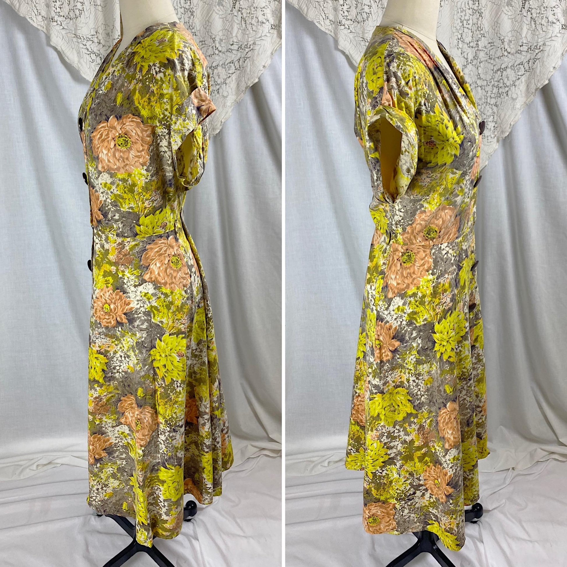 Vintage 1940's - 1950's Day Dress | Warm Yellow, Peach, & Taupe Floral Printed Cotton | Size LG, XLG | Brentwood Cottons