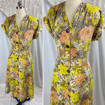 Vintage 1940's - 1950's Day Dress | Warm Yellow, Peach, & Taupe Floral Printed Cotton | Size LG, XLG | Brentwood Cottons