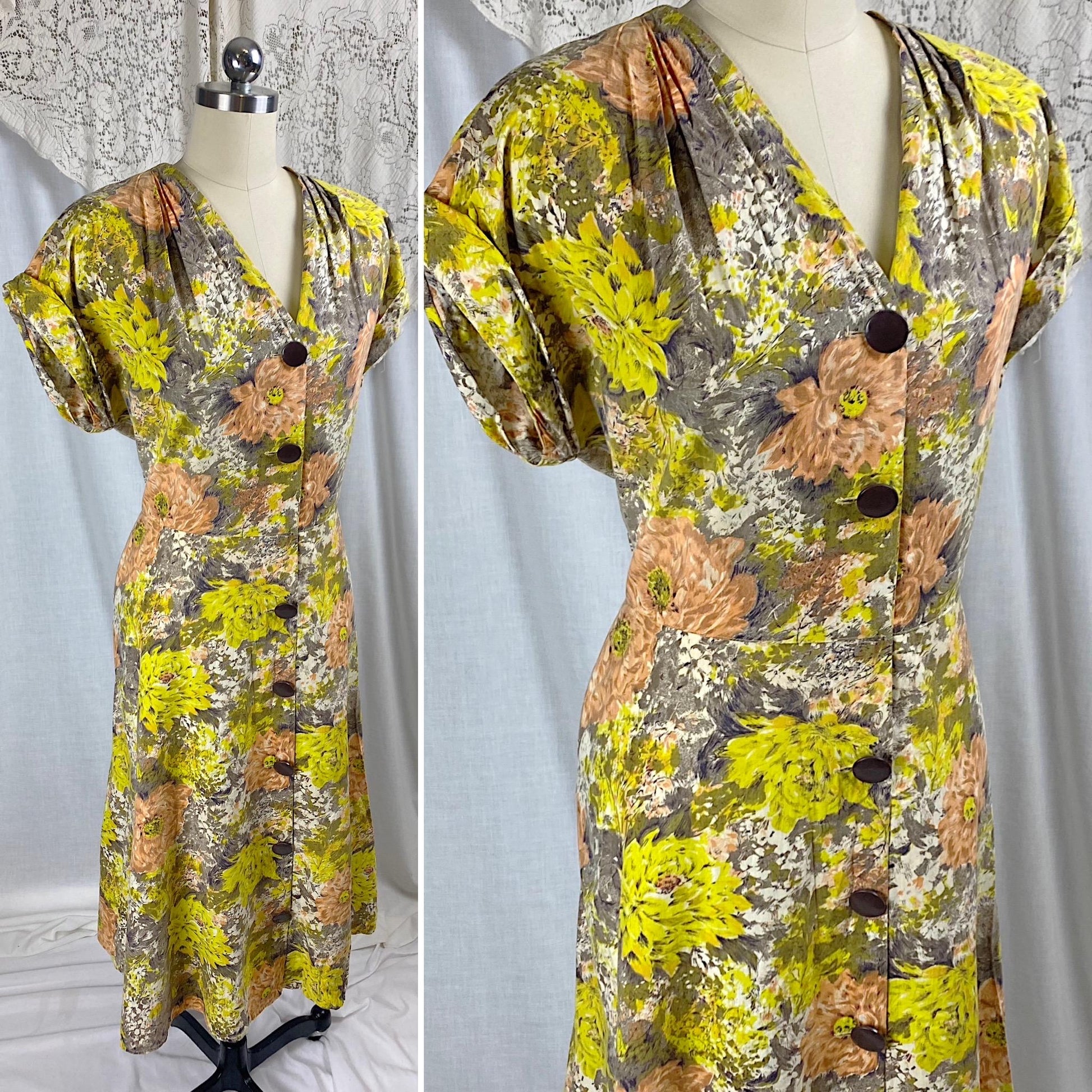 Vintage 1940's - 1950's Day Dress | Warm Yellow, Peach, & Taupe Floral Printed Cotton | Size LG, XLG | Brentwood Cottons