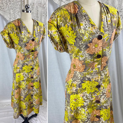 Vintage 1940's - 1950's Day Dress | Warm Yellow, Peach, & Taupe Floral Printed Cotton | Size LG, XLG | Brentwood Cottons