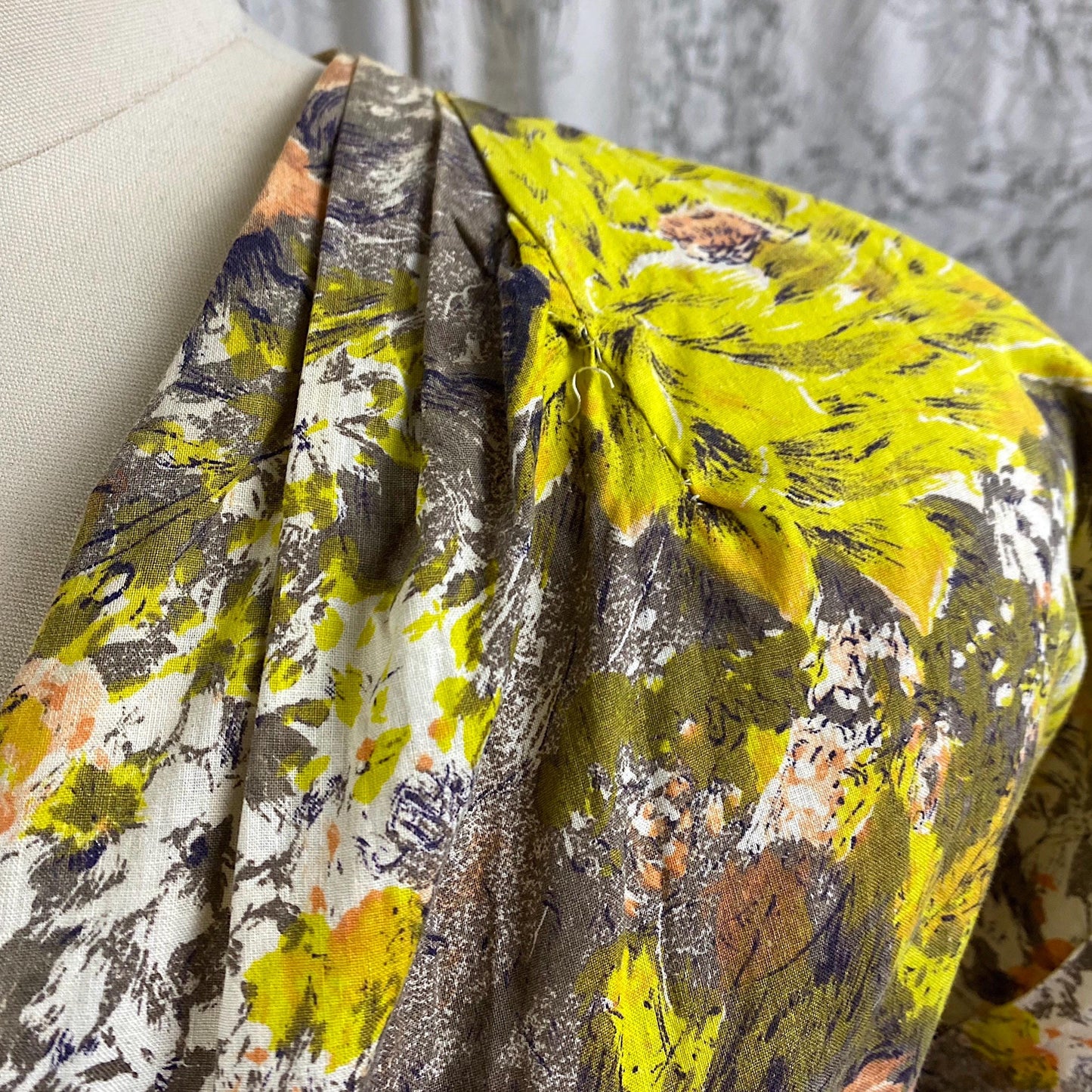 Vintage 1940's - 1950's Day Dress | Warm Yellow, Peach, & Taupe Floral Printed Cotton | Size LG, XLG | Brentwood Cottons