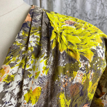 Vintage 1940's - 1950's Day Dress | Warm Yellow, Peach, & Taupe Floral Printed Cotton | Size LG, XLG | Brentwood Cottons