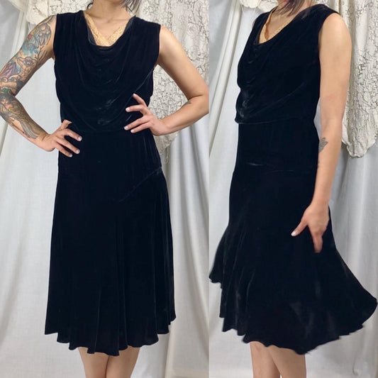 Vintage 1920s - 1930s Midi Dress | Black Silk Velvet with Ivory Lace Insert | Size XS, S