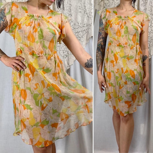 Vintage 1920's Dress | Very Sheer Spring Floral Print Silk Gauze with Bias Cut & Ruffled Sleeves | Size 34-36 Bust, S, M
