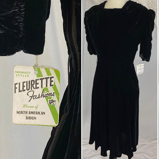 Vintage 1940's Dress | Deep Black Rayon Velvet with Ruched Puff Sleeves & Fabric Covered Buttons | Size M | New with Tags